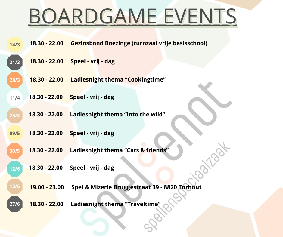 Evenementen Kalender Maart, April, Mei en Juni 2025 - Spelgenot